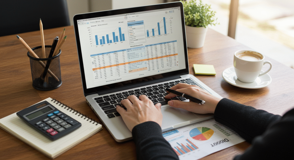 Pessoa organizando finanças pessoais no notebook com planilha