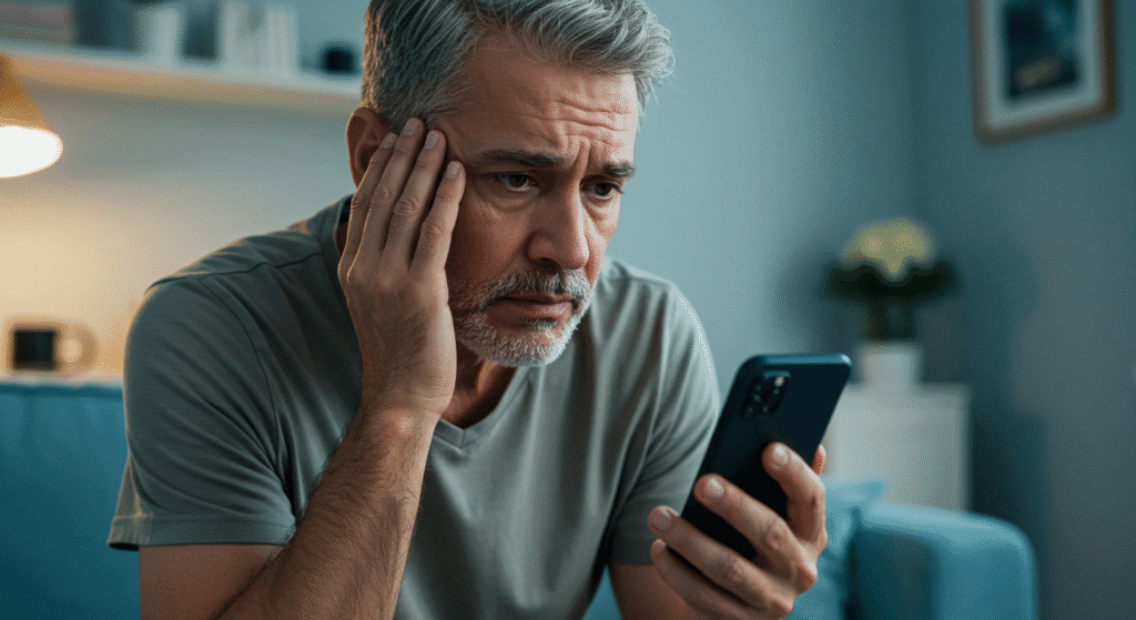 Homem olhando alerta de negativação bancária no celular