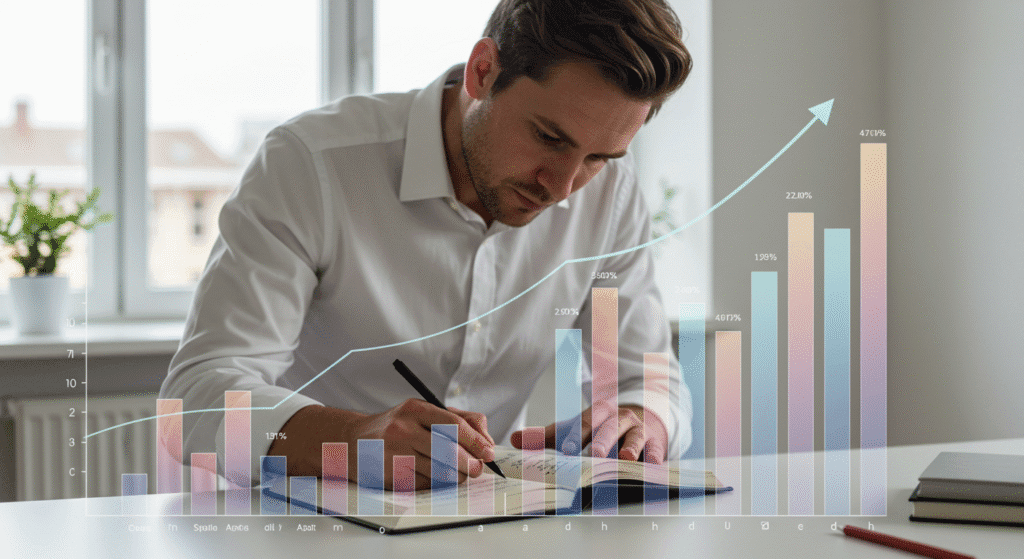 Pessoa planejando metas financeiras com gráfico crescente e anotações
