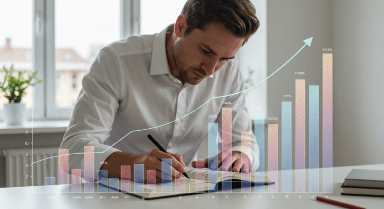 Pessoa planejando metas financeiras com gráfico crescente e anotações