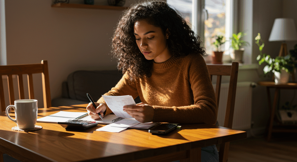 Mulher organizando as finanças em casa com caderno e celular