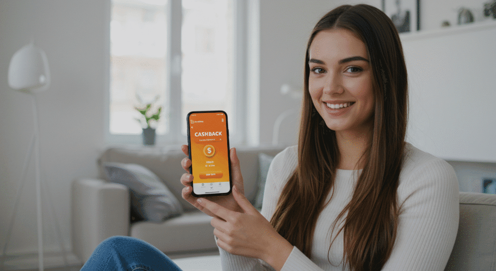 Usuário visualizando cashback no app do banco pelo celular