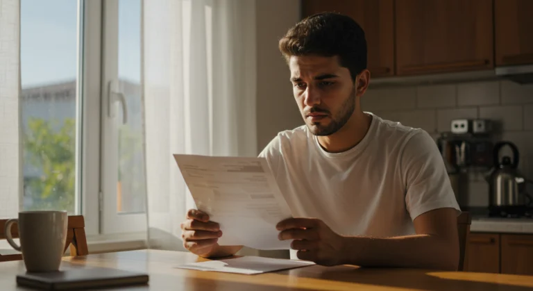 Homem preocupado analisando boletos atrasados na cozinha
