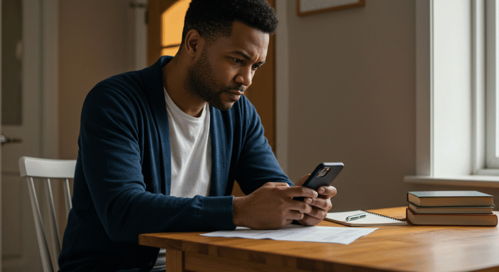 Homem organizando orçamento no celular com expressão determinada
