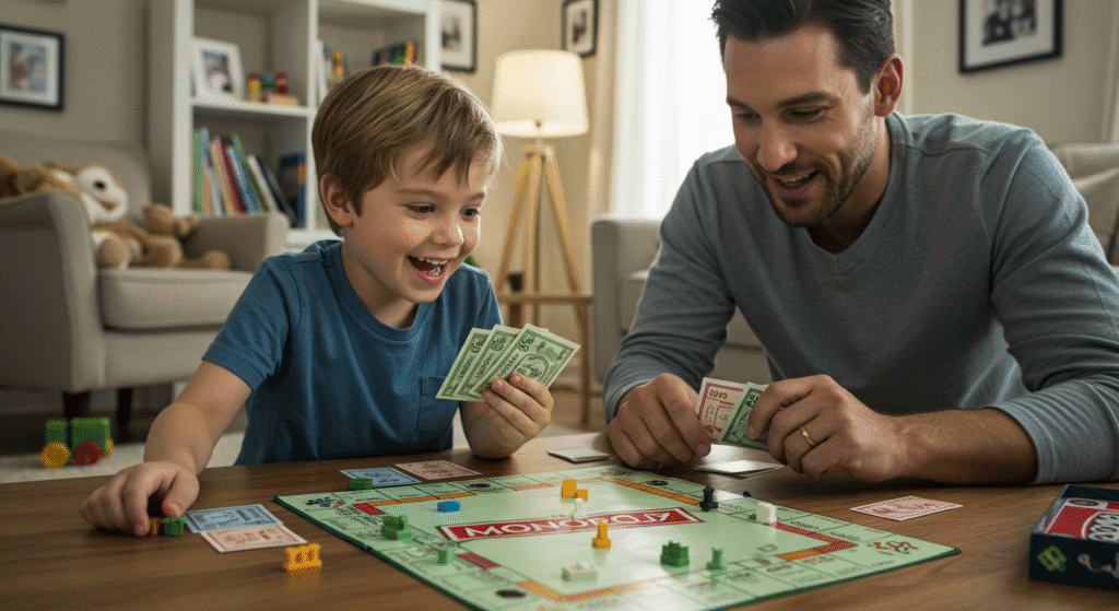 CRIANÇA JOGANDO MONOPÓLIO COM O PAI