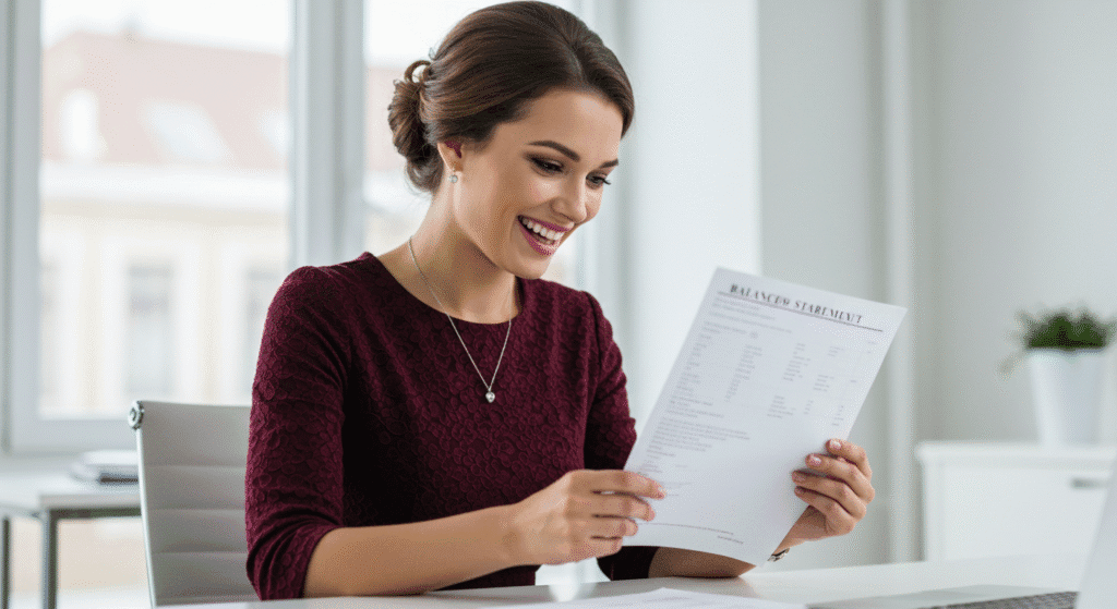 Mulher feliz ao revisar extrato com finanças equilibradas