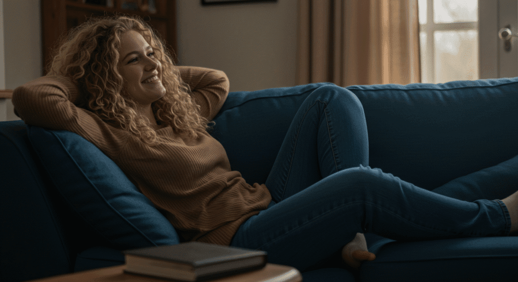 Pessoa aliviada relaxando após organizar as finanças
