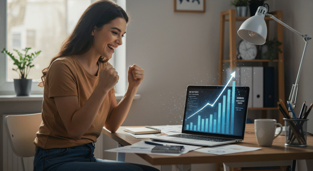 Pessoa em frente ao computador comemorando resultados financeiros com IA