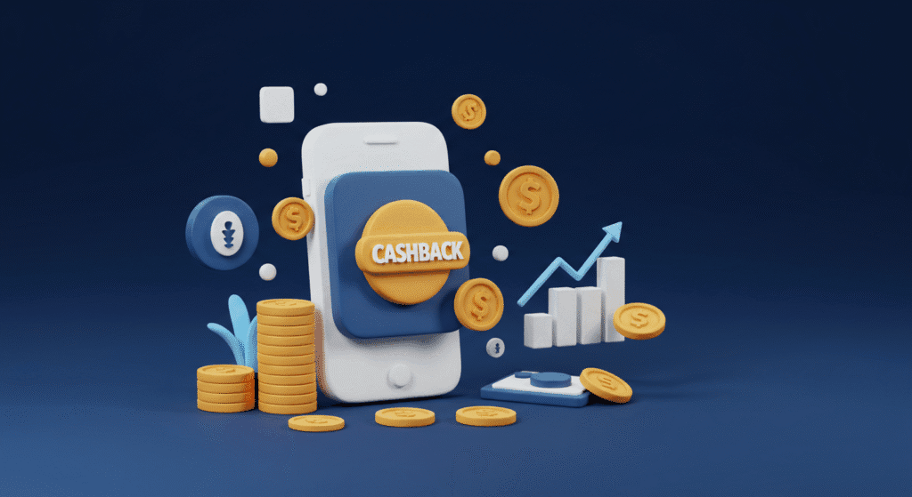 Símbolo de economia digital com ícone de cashback e finanças organizadas