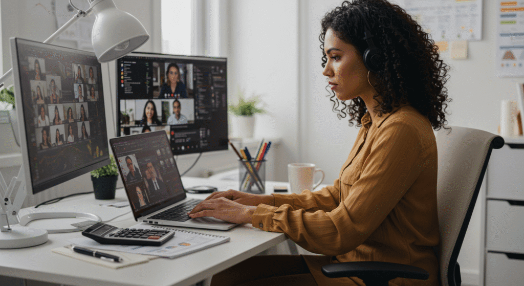 Brasileiro trabalhando online em casa com laptop e múltiplas telas mostrando videochamadas internacionais
