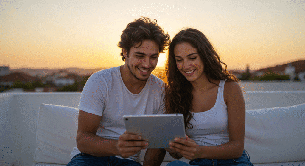 Casal-sorridente-observando-planilha-financeira-com-por-do-sol-ao-fundo-simbolizando-liberdade-financeira