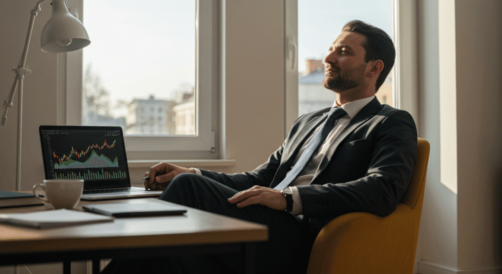 Como viver de juros - homem relaxado trabalhando em casa com gráficos financeiros