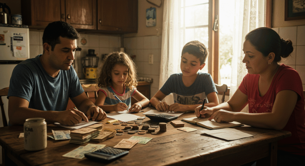 Família brasileira organizando orçamento semanal na mesa da cozinha com calculadora e dinheiro