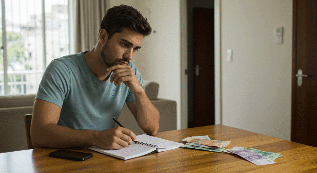 João pensando onde investir seu dinheiro depois de receber aumento no salário.