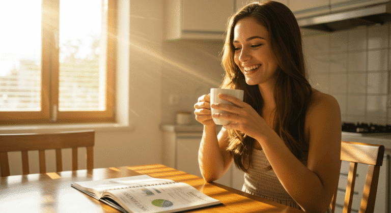 Mulher sorrindo de manhã enquanto toma café, com caderno de planejamento financeiro ao lado