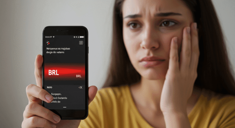 Pessoa preocupada verificando saldo negativo no celular mostrando conta no vermelho