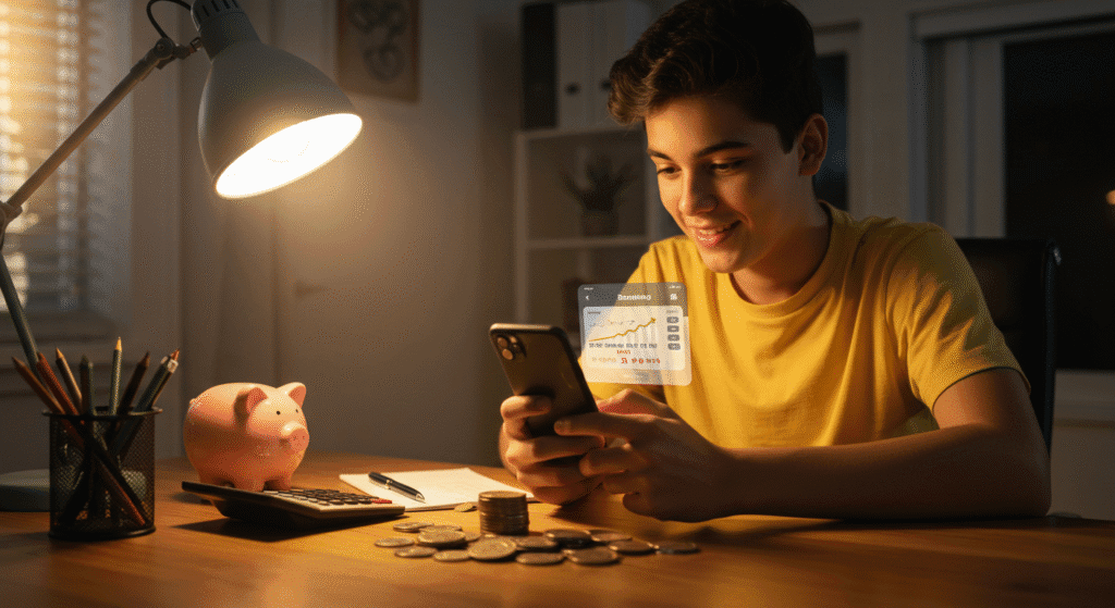 Pessoa verificando aplicativo bancário com poupança crescente no celular, cercada por calculadora e cofrinho