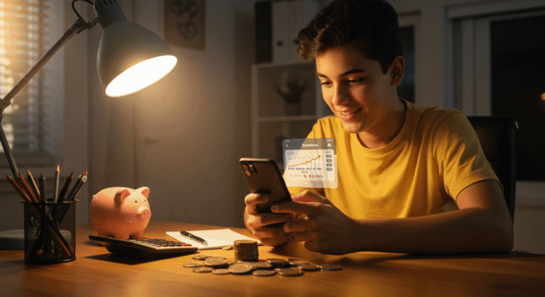 Pessoa verificando aplicativo bancário com poupança crescente no celular, cercada por calculadora e cofrinho