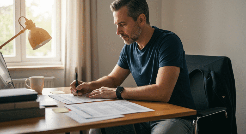 HOMEM MONTANDO UM PLANO DE AÇÃO PARA SE LIVRAR DA ANSIEDADE FINANCEIRA
