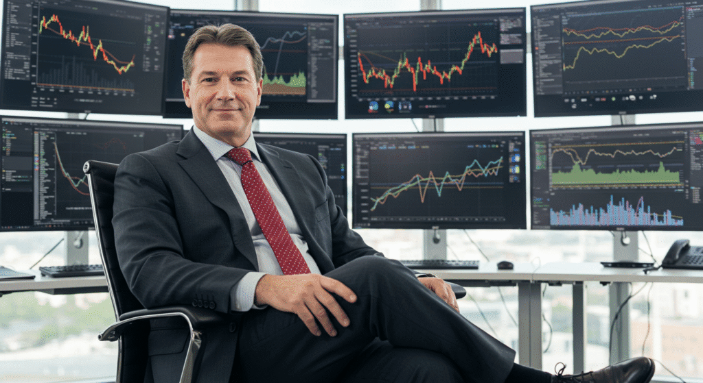 Investidor confiante com portfólio diversificado mostrando crescimento consistente