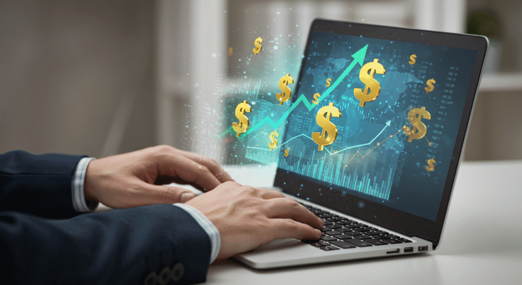 Mãos digitando em laptop com símbolos de dólar americano e gráficos de crescimento na tela representando sucesso financeiro
