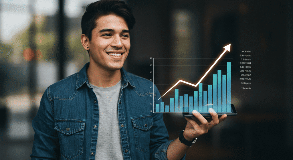 Pessoa feliz visualizando gráfico financeiro positivo no celular, representando sucesso nos investimentos