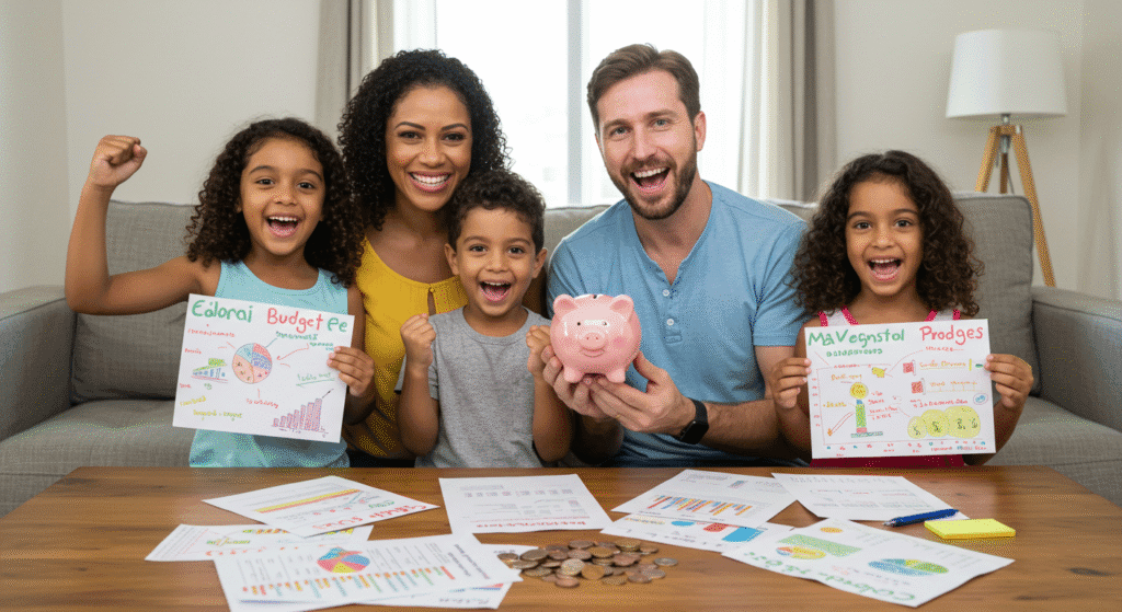Família brasileira celebrando sucesso financeiro com controle de orçamento semanal organizado