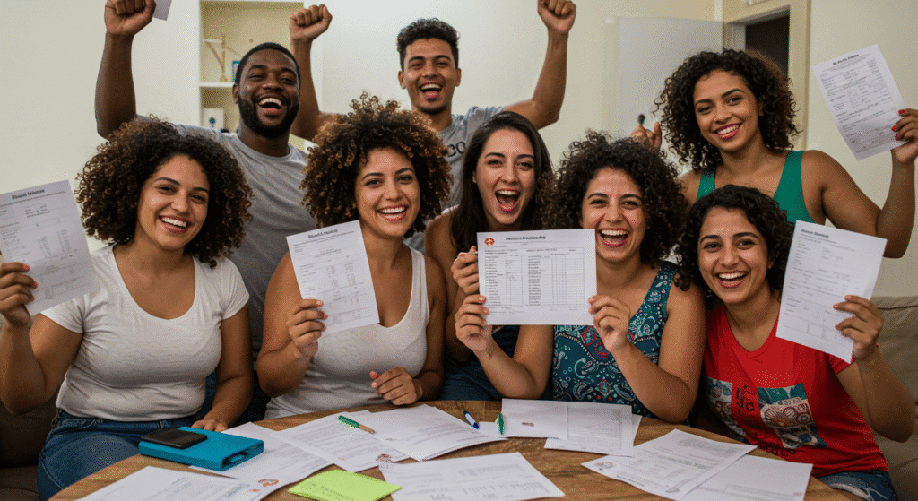 Happy Brazilian people celebrating financial success, organized budget sheets, positive transformation, real success stories, hope and achievement