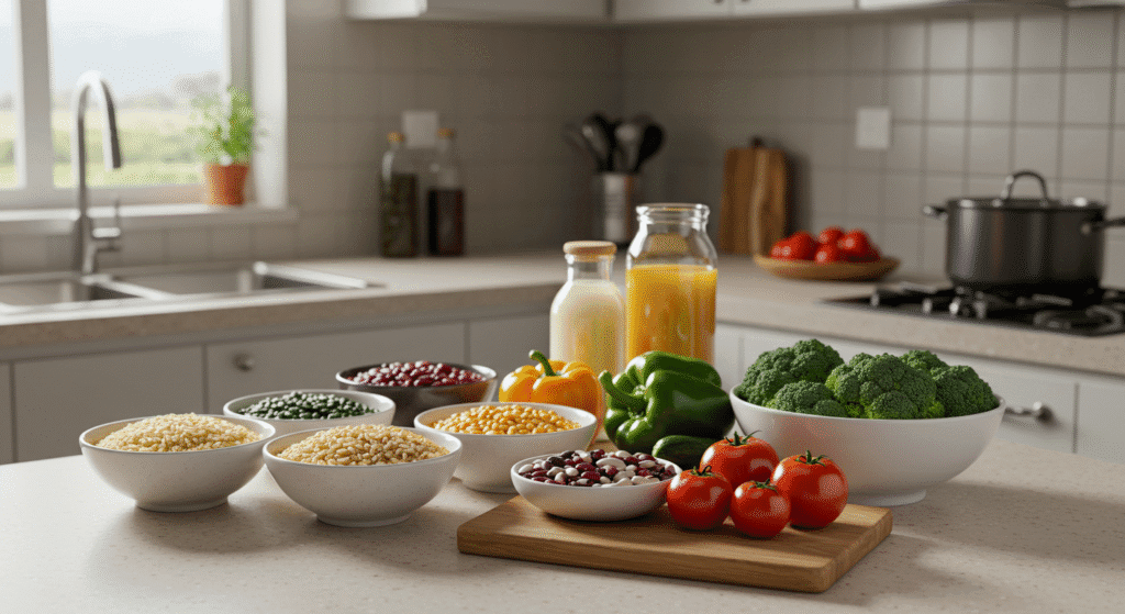 Ingredientes para receitas econômicas e nutritivas dispostos na cozinha
