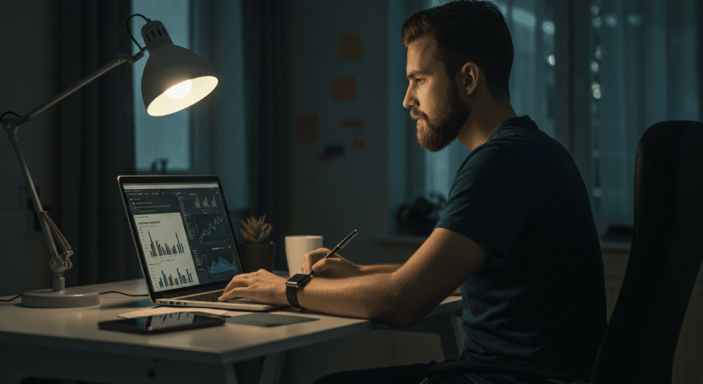 Pessoa fazendo revisão semanal das finanças no computador com gráficos e metas