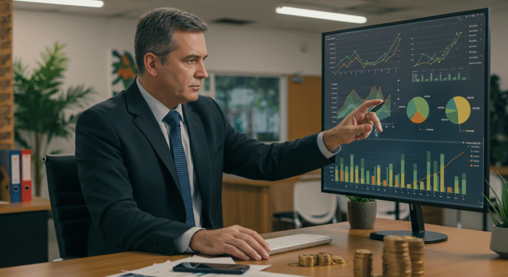 Pessoa planejando futuro financeiro próspero com investimentos e poupança crescendo