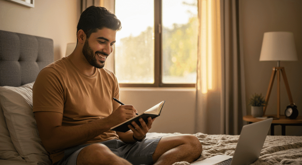 Homem despertando motivado e anotando objetivos financeiros no caderno