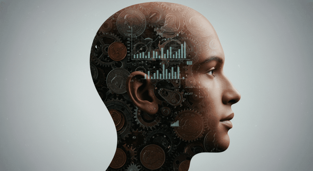 Ilustração de mente humana conectada a símbolos de dinheiro e gráficos