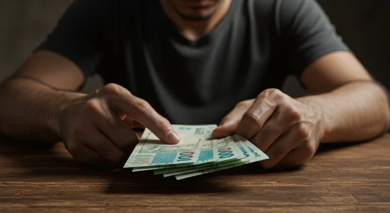 Mãos segurando dinheiro com expressão de preocupação, simbolizando ansiedade financeira com investimentos