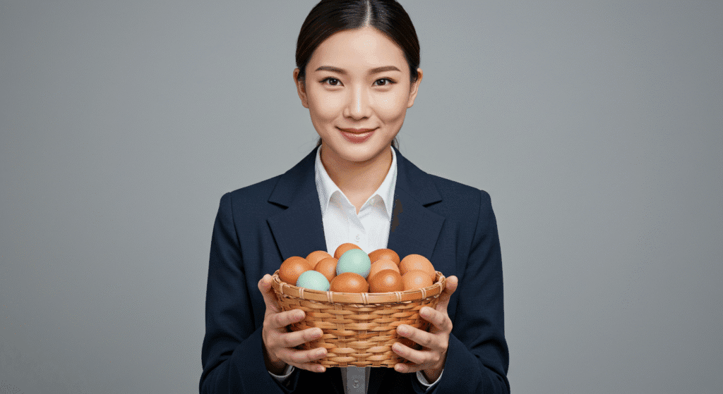 Mulher segurando cesta de ovos, simbolizando a ideia de diversificação de investimentos.