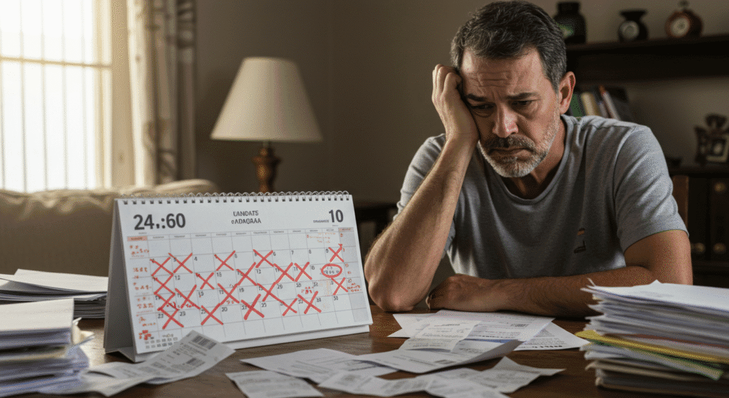 Pessoa preocupada olhando calendário mensal com contas em atraso na mesa