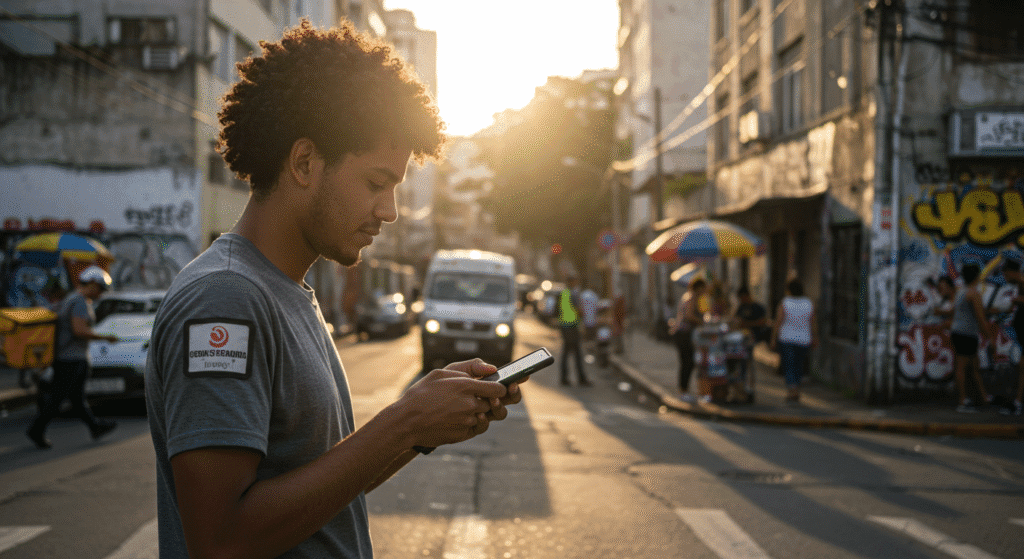 jovem usando aplicativo de trabalho no smartphone