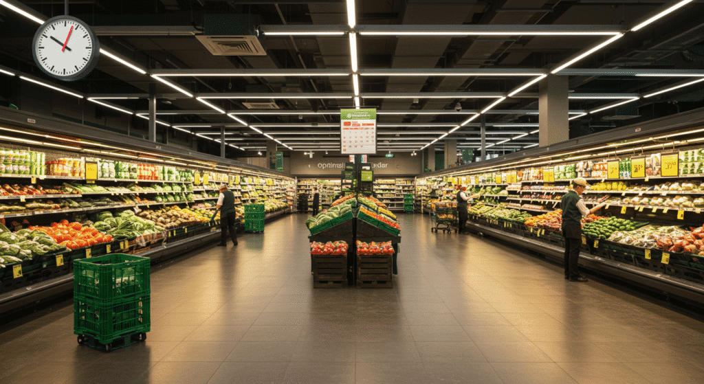 Calendário e relógio mostrando os melhores horários para fazer compras no supermercado