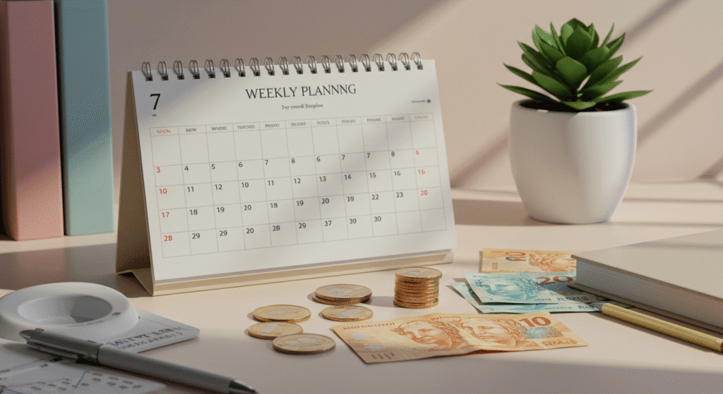 Calendário semanal organizado com planejamento de gastos e dinheiro separado por dias