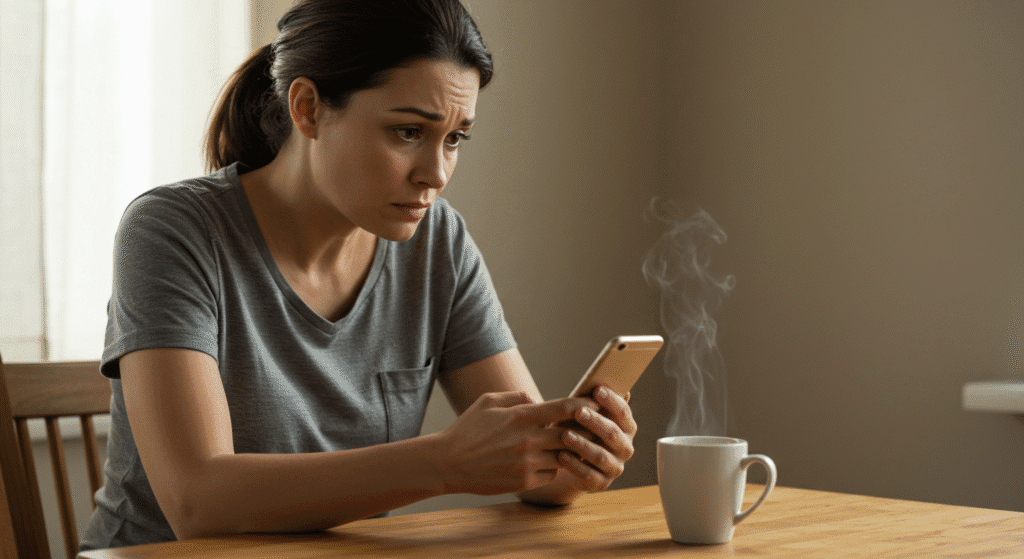 Pessoa olhando preocupada para extrato bancário no celular