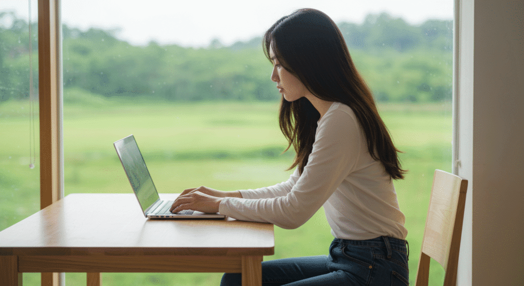 Pessoa-trabalhando-remotamente-em-casa-com-notebook-cafezinho-e-vista-natural-ao-fundo