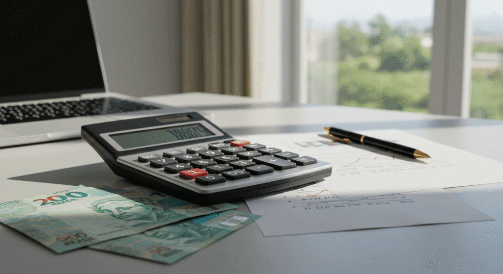 Calculadora financeira com dinheiro brasileiro para calcular renda passiva