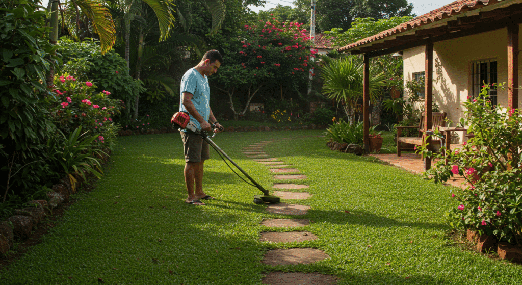 HOMEM BRASILEIRO CORTANDO A GRAMA DE UM JARDIM DE UMA CASA