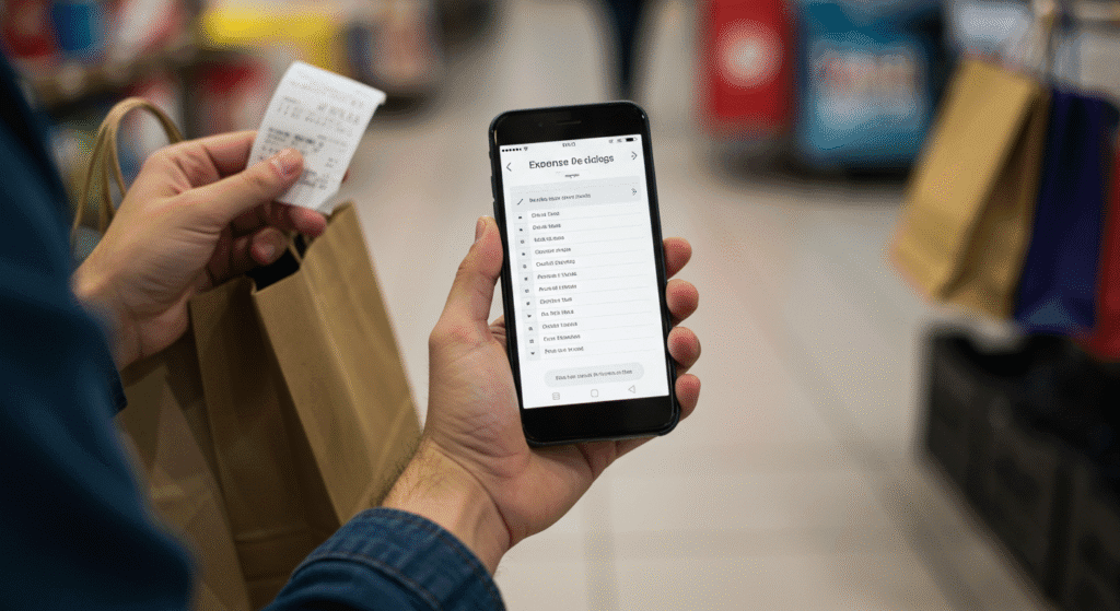 Mãos digitando gastos em tempo real no celular durante compras em loja