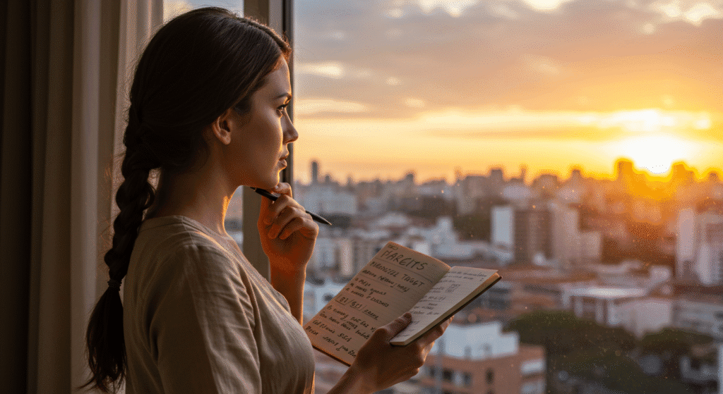 Mulher de frente para janela visualizando metas financeiras no caderno