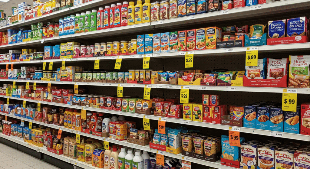 Comparação entre marcas próprias e marcas famosas nas prateleiras do supermercado
