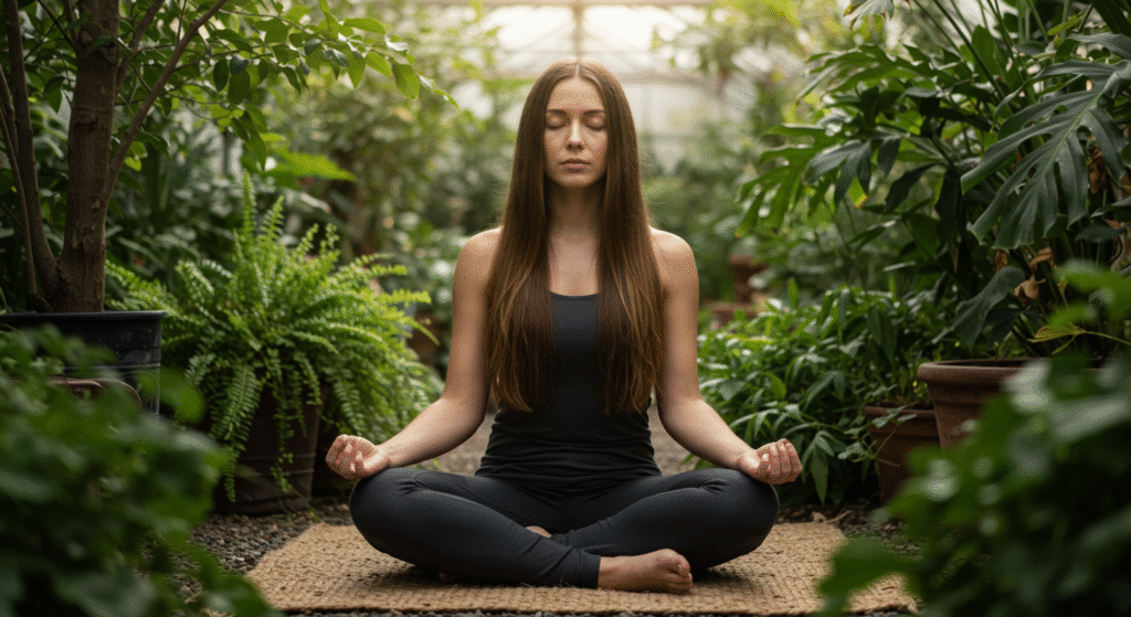 MULHER MEDITANDO PARA CONTROLAR SUA ANSIEDADE FINANCEIRA