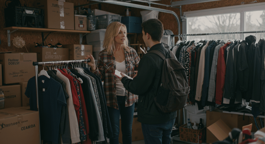 MULHER VENDENDO SUAS ROUPAS USADAS NA GARAGEM DE CASA
