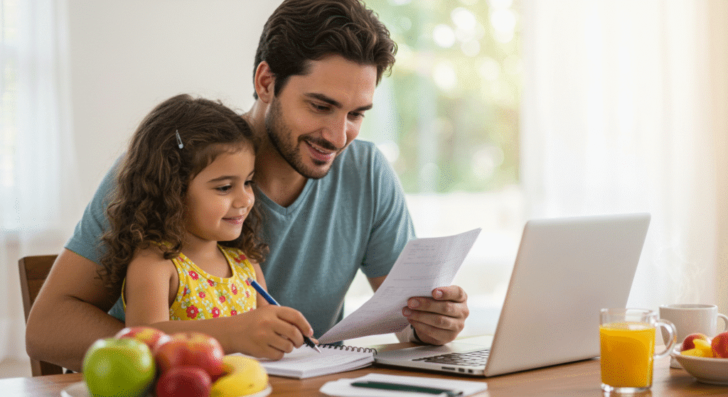 Pai cuidando da filha enquanto revisa suas finanças pela manhã