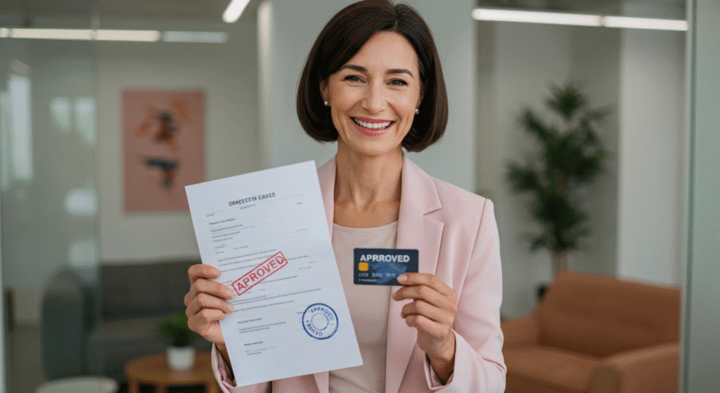 Pessoa feliz segurando documento de aprovação de crédito